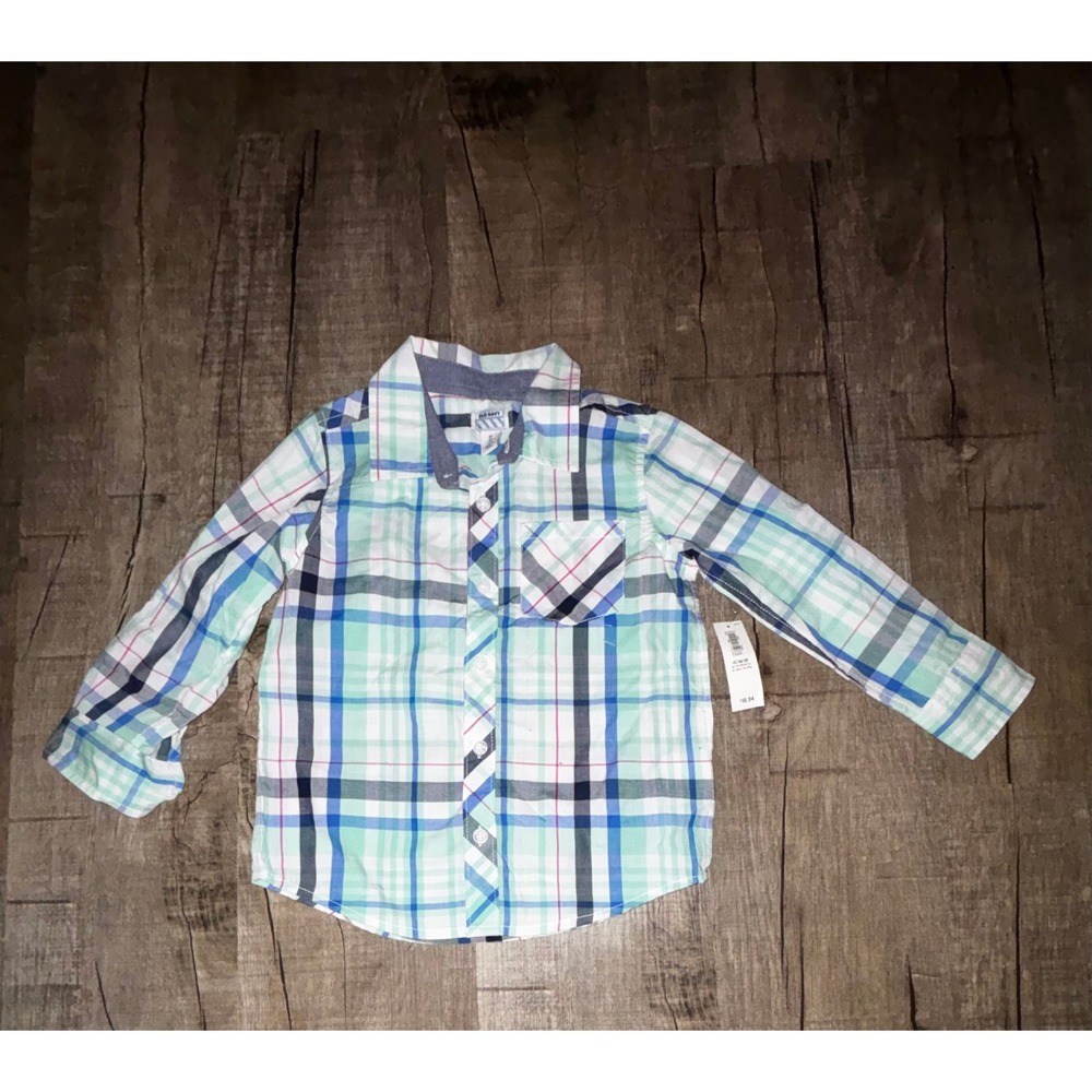 Old Navy Boys Plaid Button Down Shirt Blue‎ Green White Long Sleeve 4T New